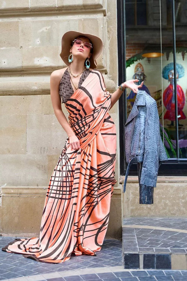 Peach Printed Satin Saree (Sudha-133-E)