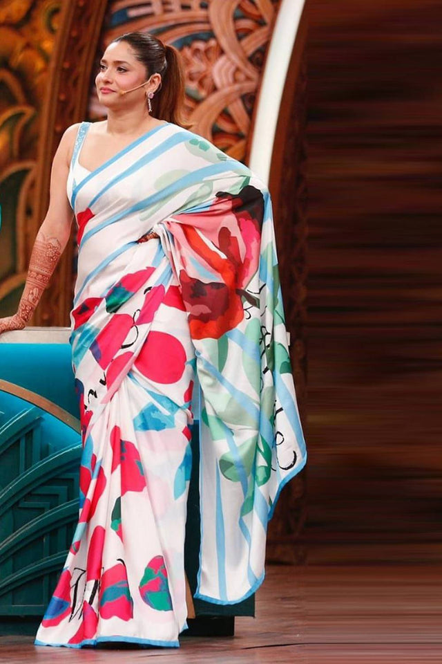 White Printed Satin Saree