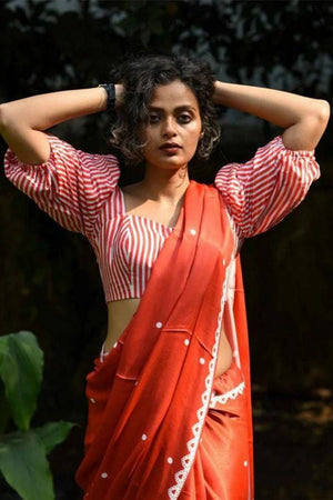 Red Printed Satin Saree