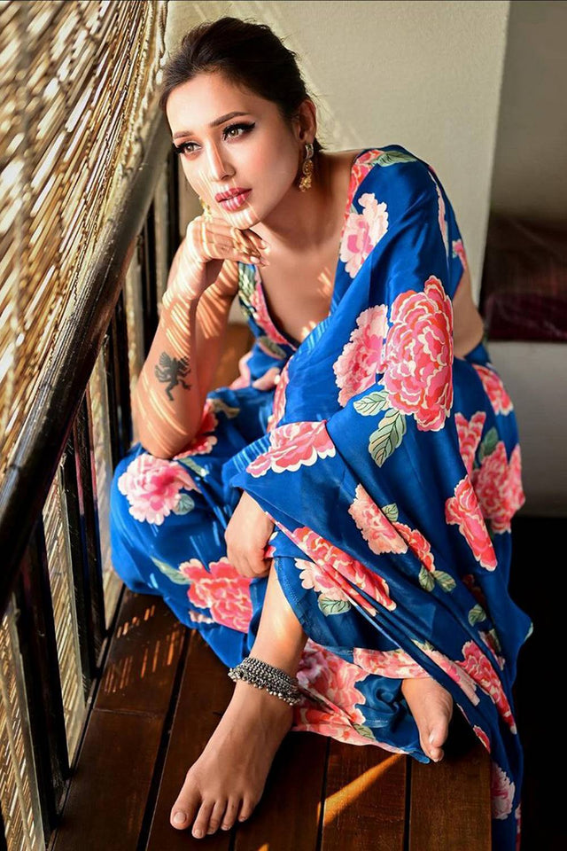 Blue Floral Printed Satin Saree