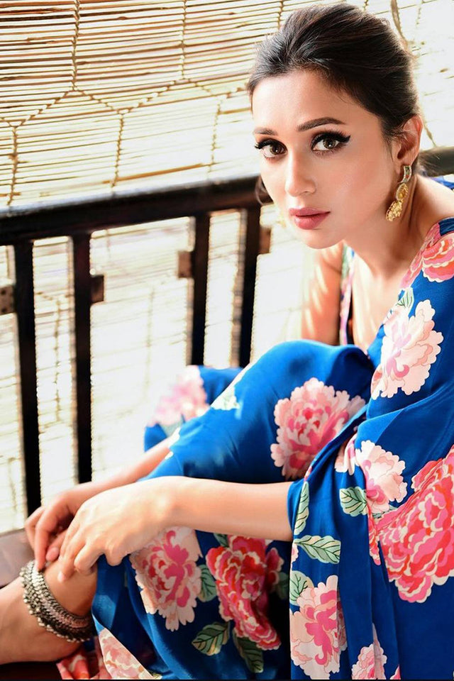 Blue Floral Printed Satin Saree