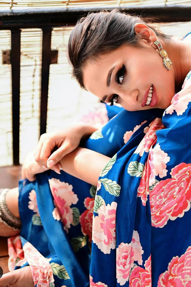 Blue Floral Printed Satin Saree