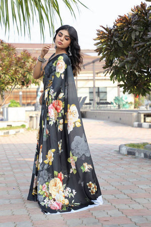 Black Floral Printed Satin Saree