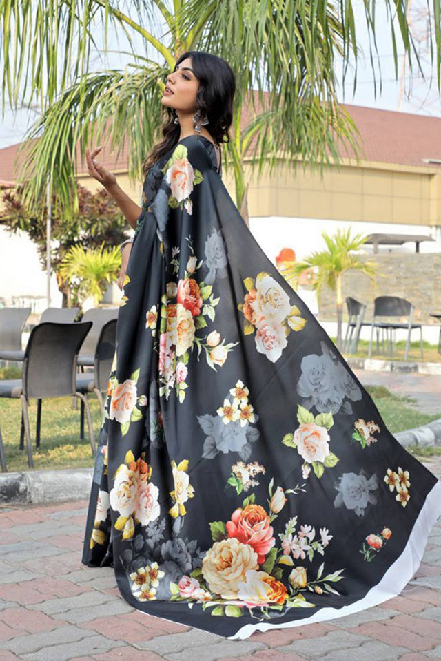 Black Floral Printed Satin Saree