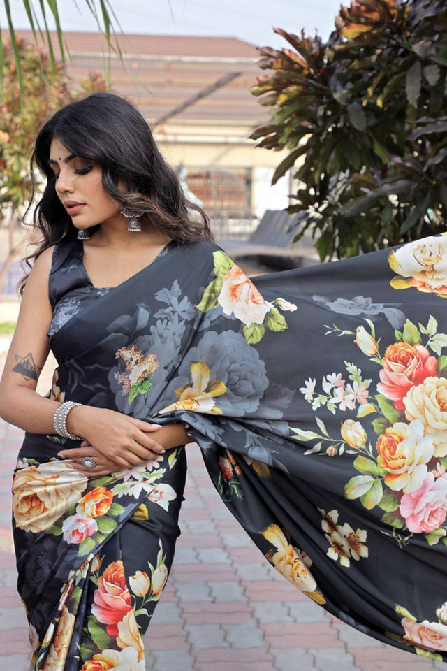 Black Floral Printed Satin Saree