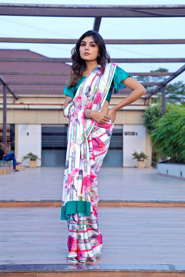 White Floral Printed Satin Saree