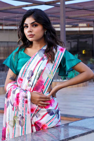 White Floral Printed Satin Saree