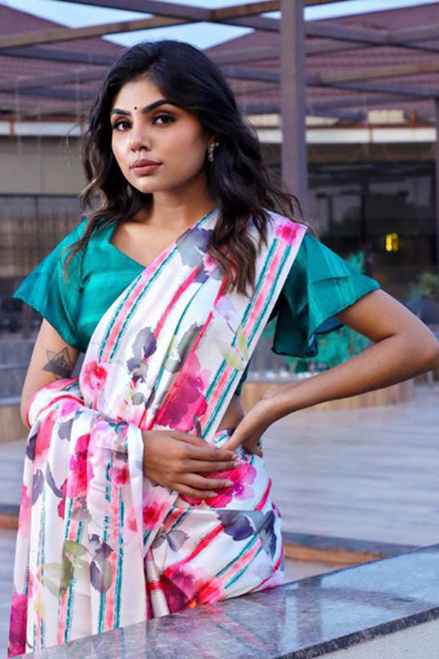 White Floral Printed Satin Saree