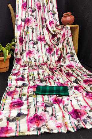 White Floral Printed Satin Saree