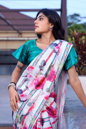 White Floral Printed Satin Saree