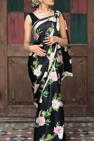 Black Floral Printed Satin Saree