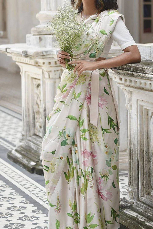 White Floral Printed Satin Saree