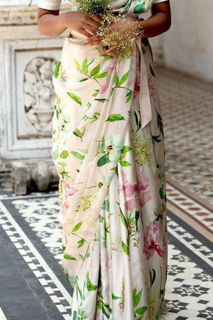 White Floral Printed Satin Saree