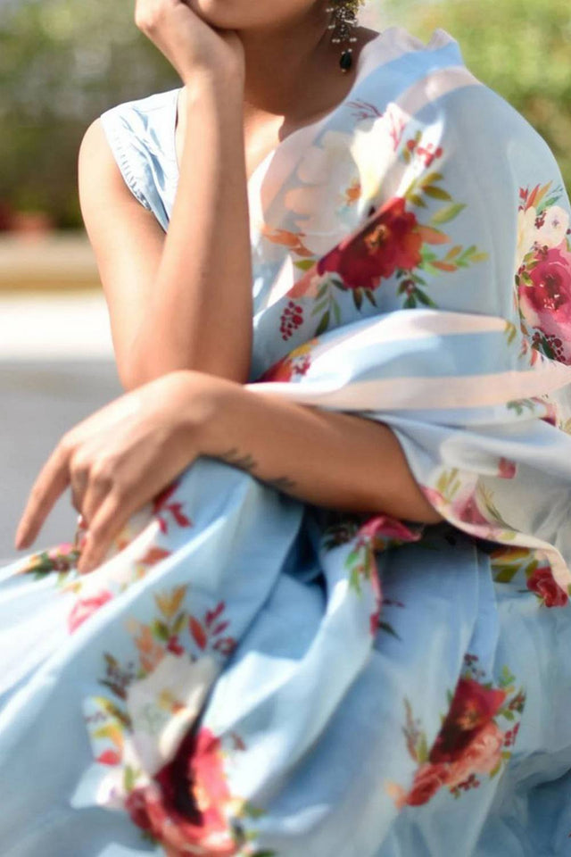 Blue Floral Printed Satin Saree