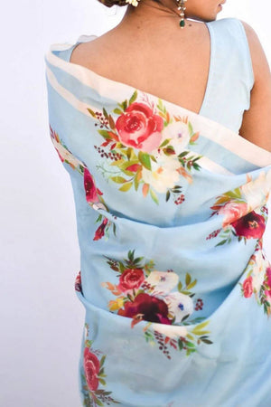 Blue Floral Printed Satin Saree