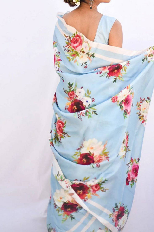 Blue Floral Printed Satin Saree