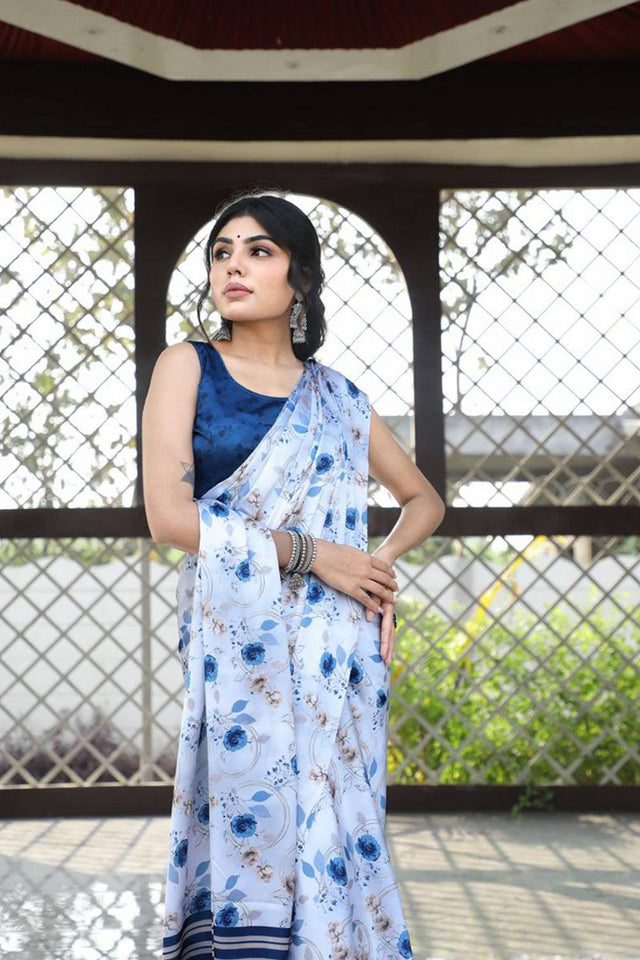 White Floral Printed Satin Saree