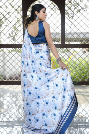 White Floral Printed Satin Saree