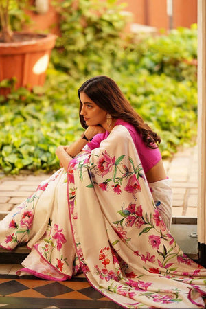 Off White Floral Printed Satin Saree
