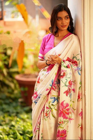 Off White Floral Printed Satin Saree