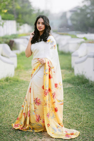 Off White Floral Printed Satin Saree