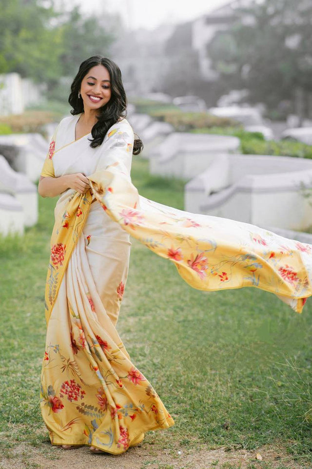 Off White Floral Printed Satin Saree