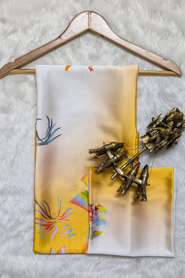 Off White Floral Printed Satin Saree