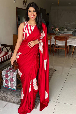 Red Floral Printed Satin Saree