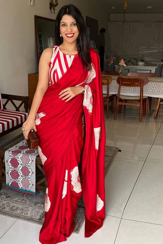 Red Floral Printed Satin Saree