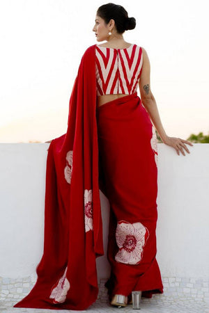 Red Floral Printed Satin Saree