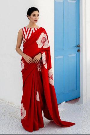 Red Floral Printed Satin Saree