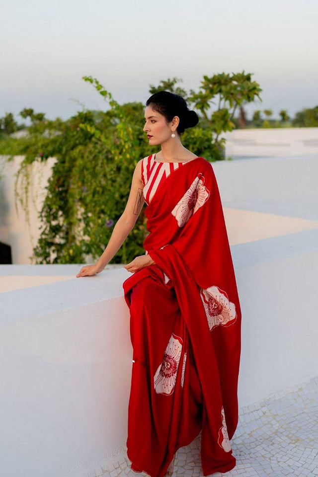 Red Floral Printed Satin Saree