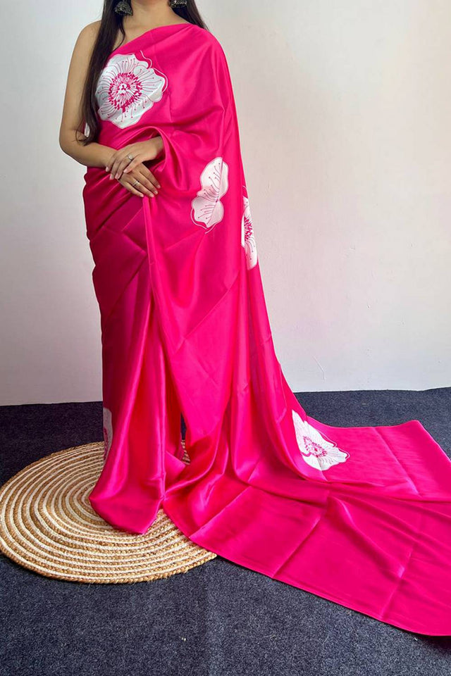 Dark Pink Floral Printed Satin Saree