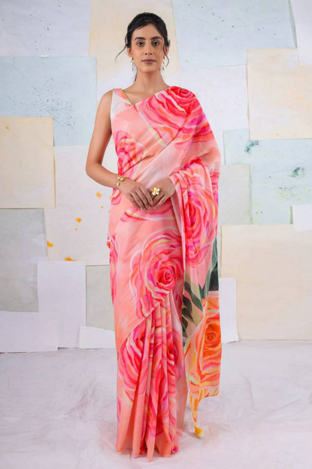 Multi Color Floral Printed Satin Saree