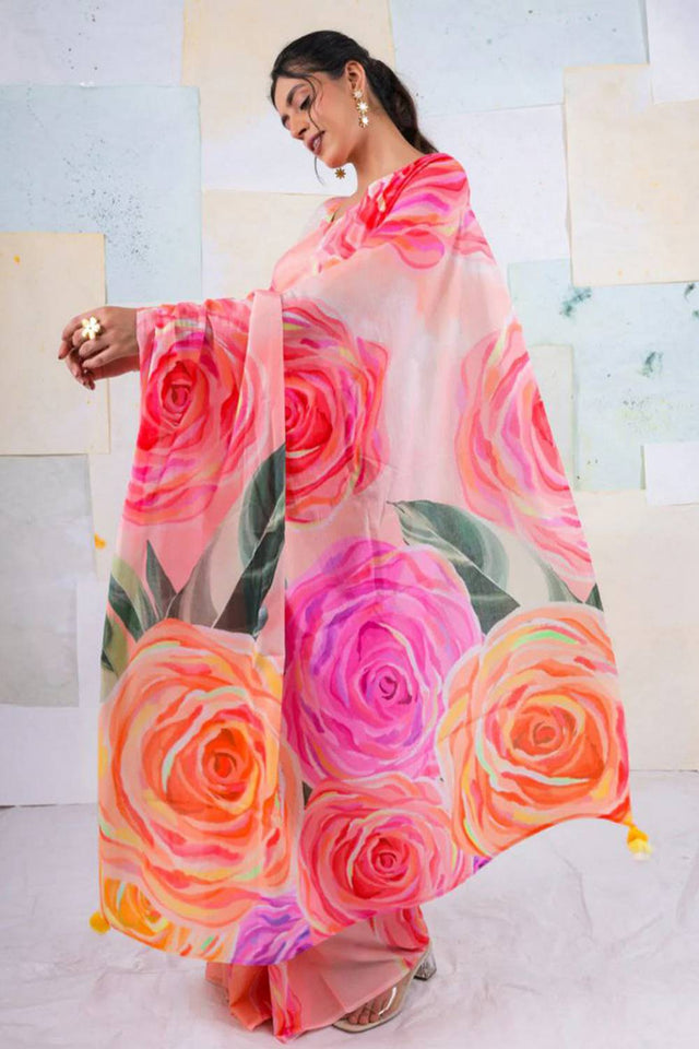 Multi Color Floral Printed Satin Saree