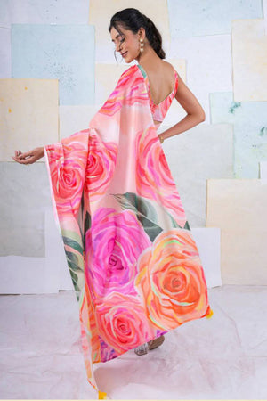 Multi Color Floral Printed Satin Saree