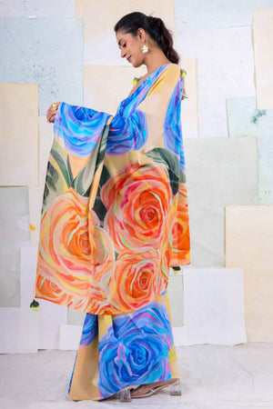 Multi Color Floral Printed Satin Saree