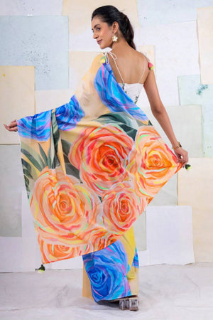 Multi Color Floral Printed Satin Saree