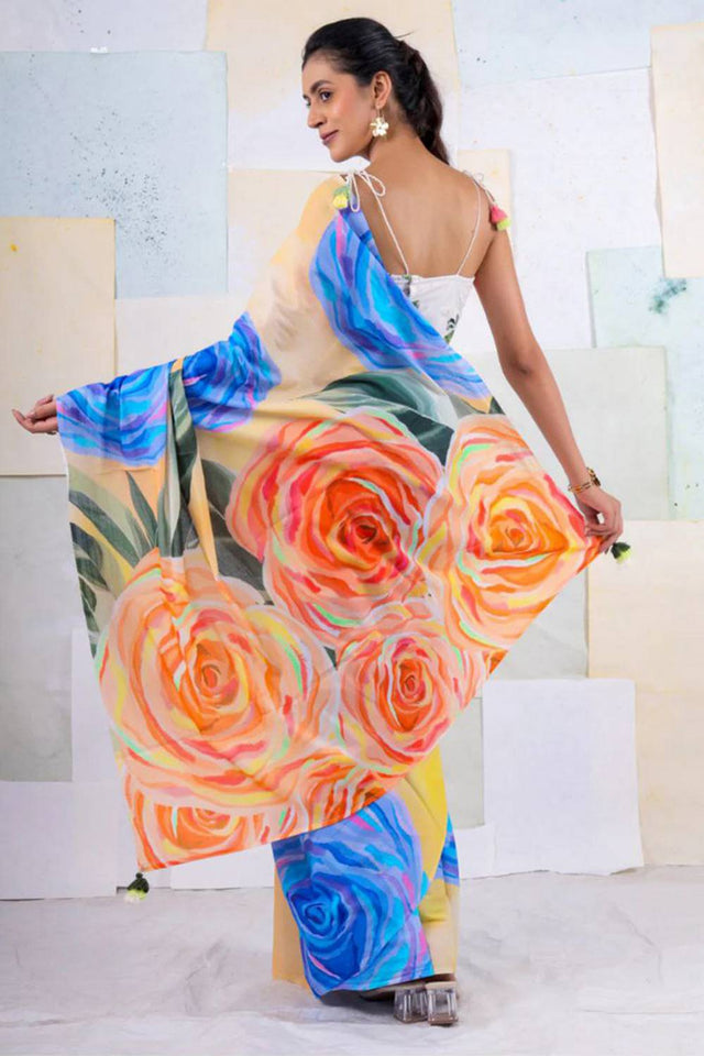 Multi Color Floral Printed Satin Saree