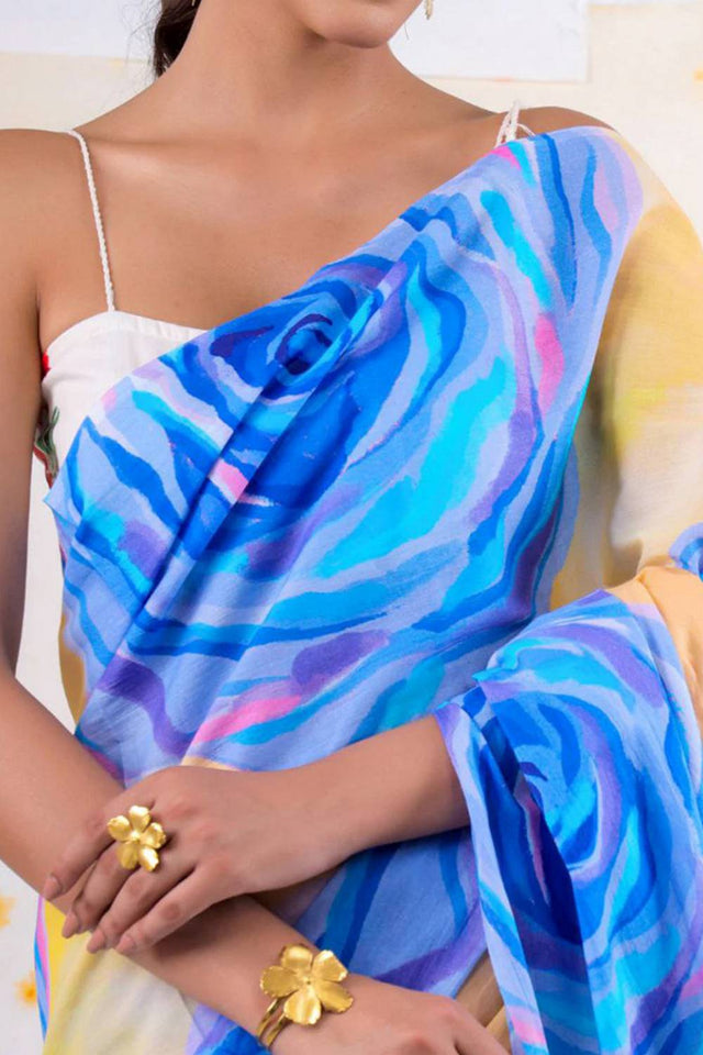 Multi Color Floral Printed Satin Saree