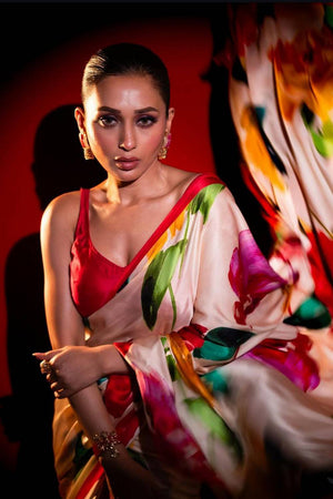 Off White Floral Printed Satin Saree