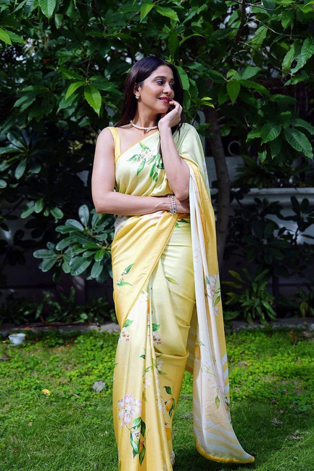 Yellow Floral Printed Satin Saree
