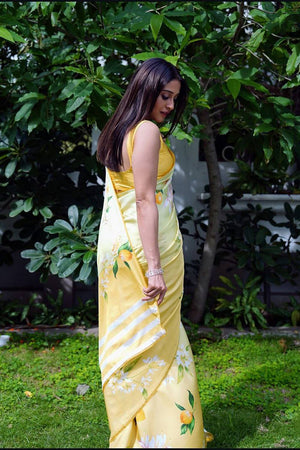 Yellow Floral Printed Satin Saree