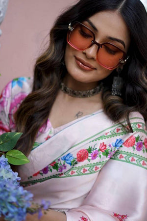 Off White Floral Printed Satin Saree