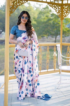 White Floral Printed Satin Saree