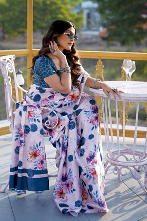 White Floral Printed Satin Saree