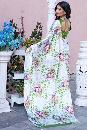 White Floral Printed Satin Saree