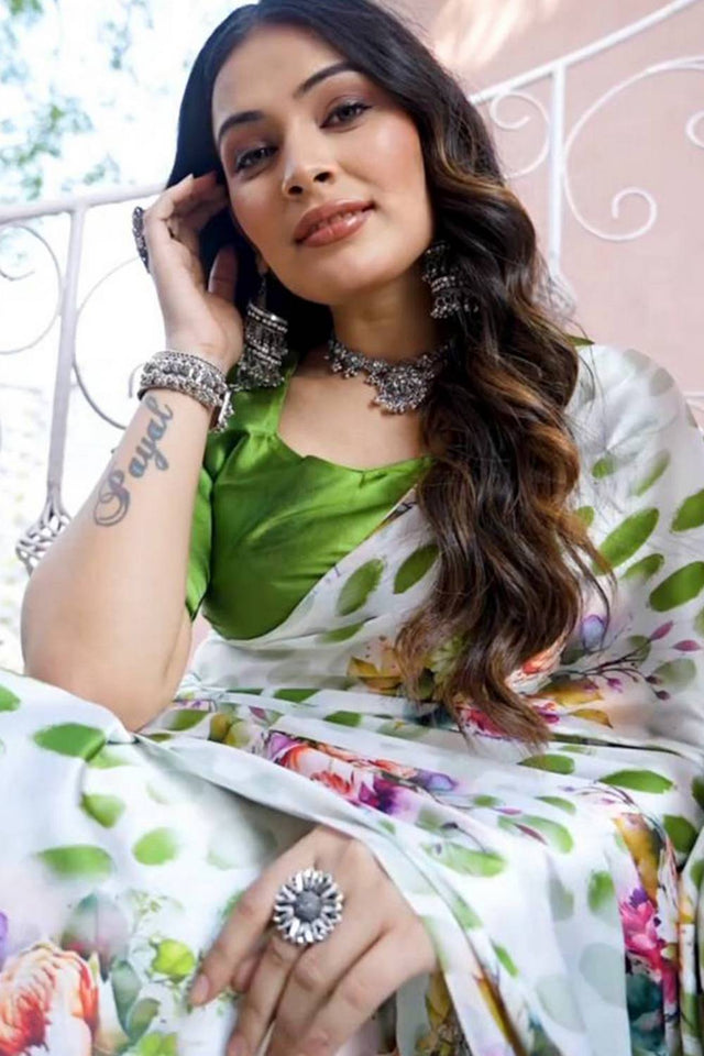 White Floral Printed Satin Saree