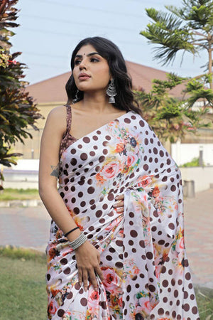 White Floral Printed Satin Saree