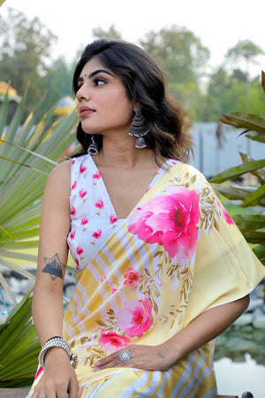 Multi Color Floral Printed Satin Saree